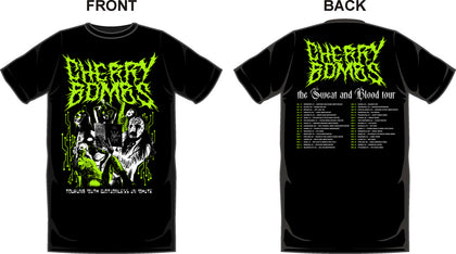 Cherry Bombs Multi Character tour shirt — front and back, green Cherry Bombs artwork on black
